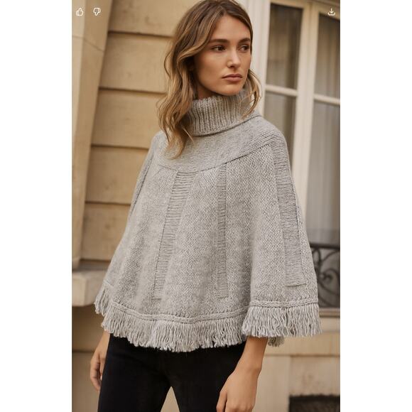 Neiman Marcus O/S LUXURY Italian Wool Alpaca Turtleneck Sweater Poncho Shawl Tan - Picture 3 of 7
